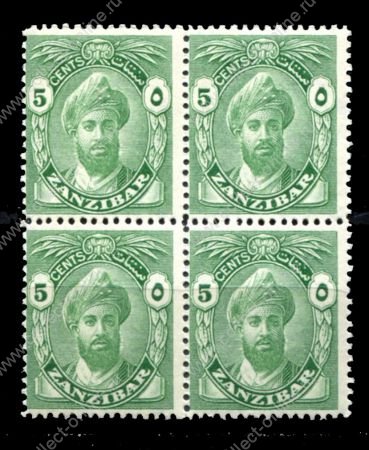 Занзибар 1936 г. Gb# 310 • 5 c. • Султан Халиф бин Харуб • MNH OG XF • кв. блок