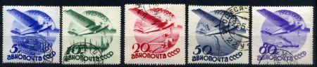 СССР 1934 г. • Сол# 444-8 • 5 - 80 коп. • Авиапочта • полн. серия • без в.з. • Used VF