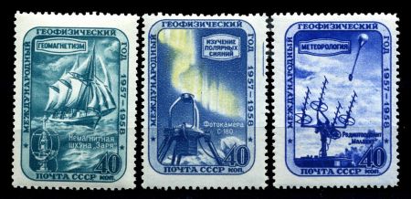 СССР 1958 г. • Сол# 2179-81 • 40 коп.(3) • Международный геофизический год • полн. серия • MNH OG VF