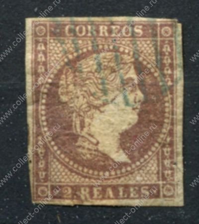 Испания 1855 г. • Mi# 34 • 2 R. • Изабелла II • стандарт • Used F-VF ( кат. - €20 )