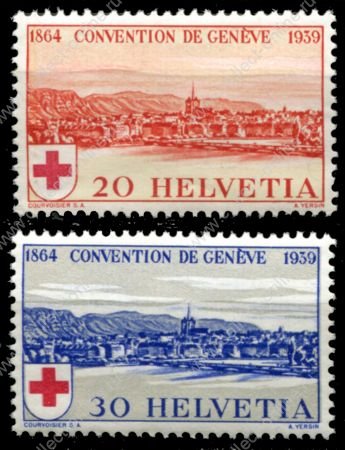 Швейцария 1939 г. • Mi# 357-8 • 20 и 30 rp. • 75-летие основания Красного Креста • Женева • полн. серия • MNH OG VF