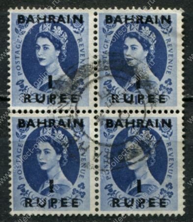 Бахрейн 1952-1954 гг. • Gb# 89 • 1 R. на 1 sh. • Елизавета II • надп. на м. Великобритании • стандарт • кв.блок • Used VF