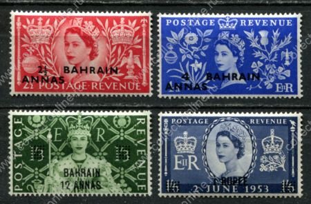 Бахрейн 1953 г. • Gb# 90-3 • Коронация Елизаветы II • надп. на м. Великобритании • полн. серия • MNH* OG VF ( кат.- £ 17 )