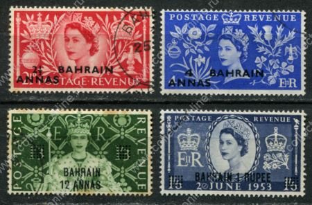 Бахрейн 1953 г. • Gb# 90-3 • Коронация Елизаветы II • надп. на м. Великобритании • полн. серия • Used VF ( кат.- £ 16 )