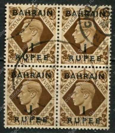 Бахрейн 1948-1949 гг. • Gb# 58 • 1 R. на 1 sh. • Георг VI • надп. на м. Великобритании • стандарт • кв.блок • Used VF