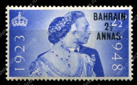 Бахрейн 1948 г. • Gb# 61 • 2½ a. • Серебряный юбилей свадьбы • надп. на м. Великобритании • королевская чета • MH OG VF