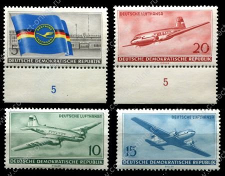 ГДР 1956 г. • Mi# 512-5 • 5 - 20 pf. • Национальная немецкая авиакомпания, Люфтганза • самолёты • полн. серия • MNH OG XF+ ( кат.- € 20 )