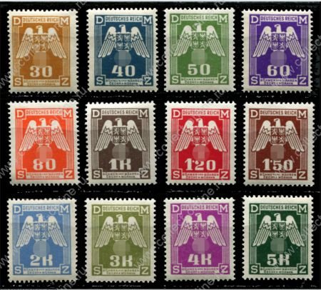 Богемия и Моравия 1943 г. • Mi# DM 13-24 • 30 h. - 5 Kr. • орёл с гербами • служебный выпуск • полн. серия • MNH OG XF