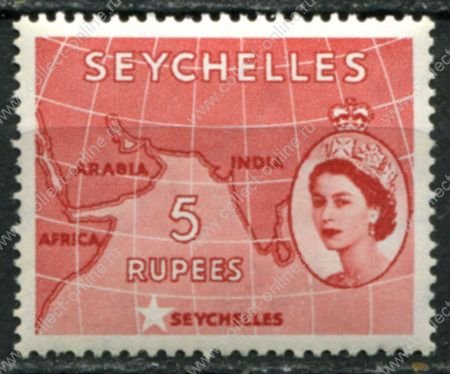 Сейшелы 1954-1961 гг. • Gb# 187 • 5 R. • Елизавета II • основной выпуск • карта Индийского океана • MH OG XF ( кат.- £ 20 )