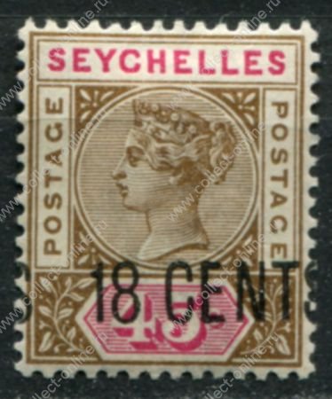 Сейшелы 1896 г. • Gb# 21 • 18 на 45 c. • Королева Виктория • надпечатка нов. номинала • стандарт • MH OG VF ( кат. - £15 )