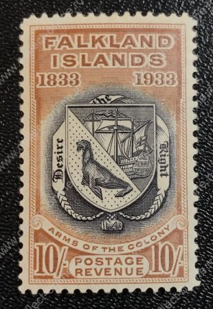 Фолклендские о-ва 1933 г. • Gb# 137 • 10 sh. • 100-летие Британской администрации • герб территории • MLH OG XF ( кат.- £850 )