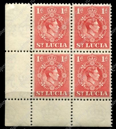 Сент-Люсия 1938-1948 гг. • Gb# 129b • 1 d. • Георг VI • перф: 12½ • стандарт • кв. блок • MNH OG XF+ ( кат. - £6+)