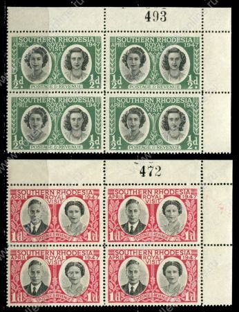 Южная Родезия 1947 г. • Gb# 62-63 • ½ и 1 d. • Королевский визит • королевская чета • полн. серия • № кв. блоки • MNH OG XF+