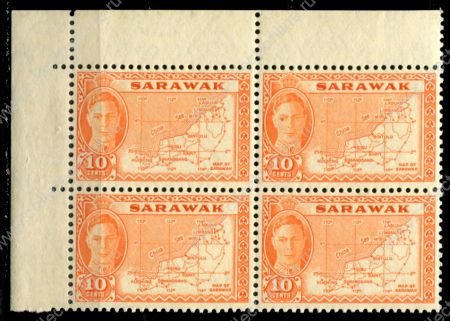 Саравак 1952 г. • Gb# 186 • 10 c. • Георг VI • основной выпуск • карта колонии • кв. блок • MNH OG XF++