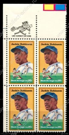 США 1982 г. • SC# 2016 • 20 c. • "Черные" легенды • Джеки Робинсон (бейсбол) • кв.блок • MNH OG XF+* ( кат.- $ 4,4+ )