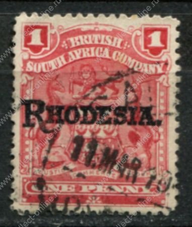 Родезия 1909-1912 гг. • Gb# 101 • 1 d. • герб колонии • надпечатка • "Rhodesia." • стандарт • Used XF ( кат.- £ 2 )