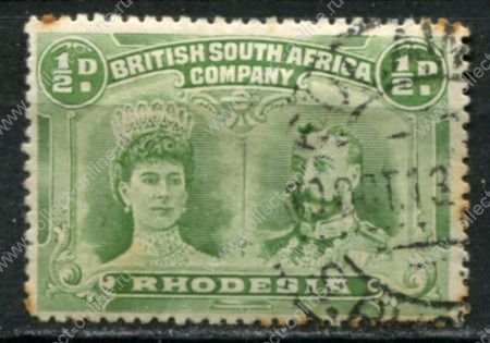 Родезия 1910-1913 гг. • Gb# 120 • ½ d. • "Две головы" • перф. - 14 (зелёная) • Used F-VF ( кат.- £6 )