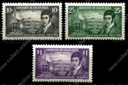 Колумбия 1958 г. • SC# 680,С309-10 • 10 c. - 1 p. • Международный геофизический год • Франсиско Хосе де Калдас • полн. серия • MNH OG XF