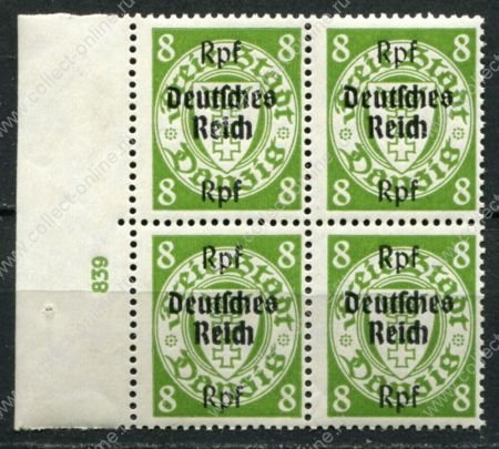 Германия 3-й рейх 1939 г. • Mi# 719 • 8 pf. • надпечатка "Deutsches Reich" на марке Данцига • № кв.блок • MNH OG XF+ ( кат.- € 18+ )