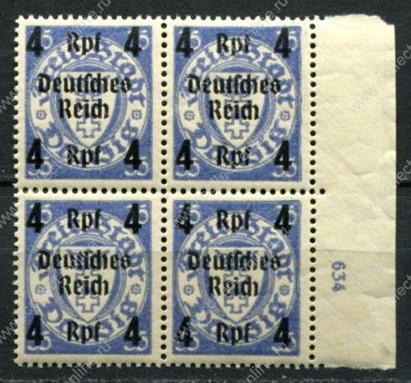 Германия 3-й рейх 1939 г. • Mi# 717 • 4 на 35 pf. • надпечатка "Deutsches Reich" на марке Данцига • № кв.блок • MNH OG XF+ ( кат.- € 10+ )