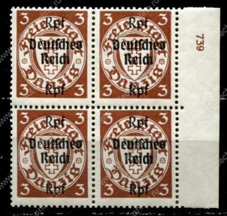 Германия 3-й рейх 1939 г. • Mi# 716X • 3 pf. • надпечатка "Deutsches Reich" на марке Данцига • № кв.блок • MNH OG XF+ ( кат.- € 12+ )