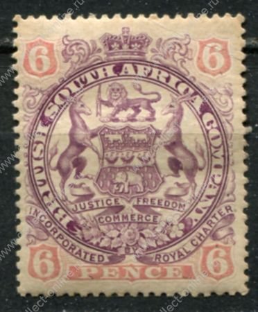 Родезия 1897 г. • Gb# 71 • 6 d. • осн. выпуск • герб колонии • MH OG VF* ( кат.- £24 )