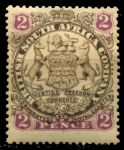 Родезия 1896-1897 гг. • Gb# 30a • 2 d. • 1-й выпуск (с точкой у хвоста) • герб колонии • MH OG VF ( кат.- £45 )