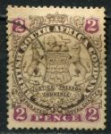 Родезия 1896-1897 гг. • Gb# 30a • 2 d. • 1-й выпуск (с точкой у хвоста) • герб колонии • Used XF+ ( кат.- £ 4 )
