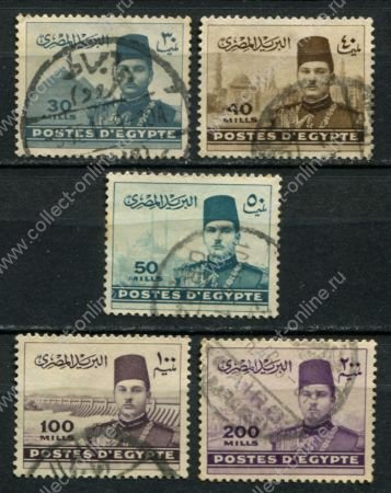 Египет 1939-1946 гг. • SC# 234..8 • 30 - 200 m. • король Фарук(на фоне достопримечательностей) • стандарт • 5 марок • VF