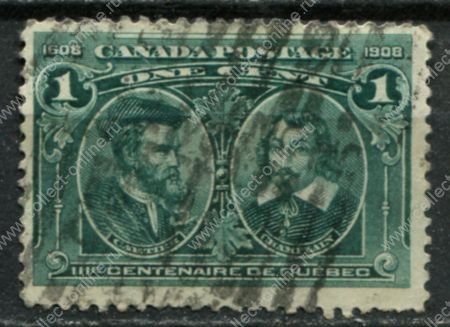 Канада 1908 г. • SC# 97 • 1 c. • 300-летие Квебека • Ж. Картье и С. Чамплейн • Used F-VF ( кат.- $6 )