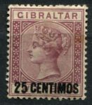 Гибралтар 1889 г. • Gb# 17 • 25 c. на 2 d. • королева Виктория • надп. нов. номинала • стандарт • MH OG VF ( кат. - £5 )