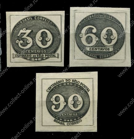 Бразилия 1943 г. • SC# 609-11 • 30 - 90 c. • 100-летие выпуска первой бразильской марки • полн. серия • MNH OG XF