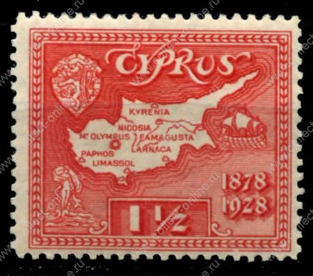 Кипр 1928 г. • Gb# 125 • 1½ pi. • 50-летие Британского правления. • карта острова • MH OG VF ( кат.- £8.50 )