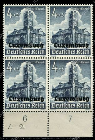 Люксембург • Немецкая оккупация 1941 г. • Mi# 34 (SC# NB2 ) • 4+3 pf. • Фонд зимней помощи (надпечатки на марках Германии) • благотворительный выпуск • кв. блок • MNH OG XF+