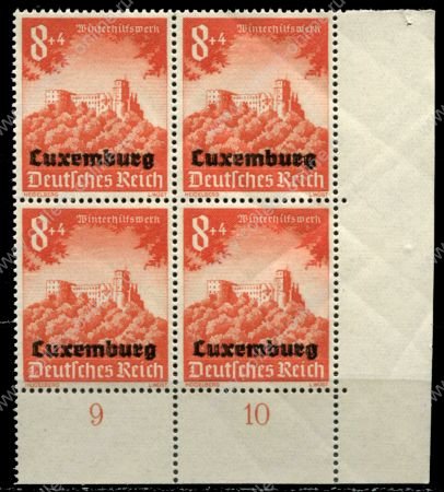Люксембург • Немецкая оккупация 1941 г. • Mi# 37 (SC# NB5 ) • 8+4 pf. • Фонд зимней помощи (надпечатки на марках Германии) • благотворительный выпуск • кв. блок • MNH OG Люкс!