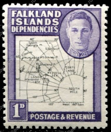 Фолклендские зависимые территории 1949 г. • Gb# G10 • 1 d. • карта островов (тонкие линии) • MH OG VF ( кат. - £2 )