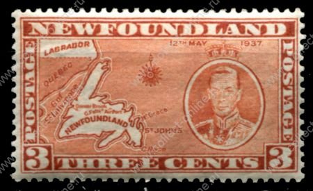 Ньюфаундленд 1937 г. • Gb# 258eс • 3 c. • Коронация Георга VI (доп. выпуск) • карта Ньюфаундленда • MH OG VF ( кат.- £ 15 )