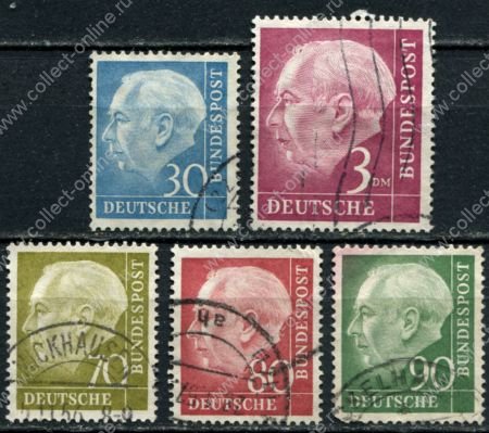 Германия • ФРГ 1954-1961 гг. • Mi# 187..196 • 30,70,80,90 pf. и 3 DM • Президент Теодор Хойс • стандарт ( 5 марок ) • Used F-VF ( кат.- € 21 )