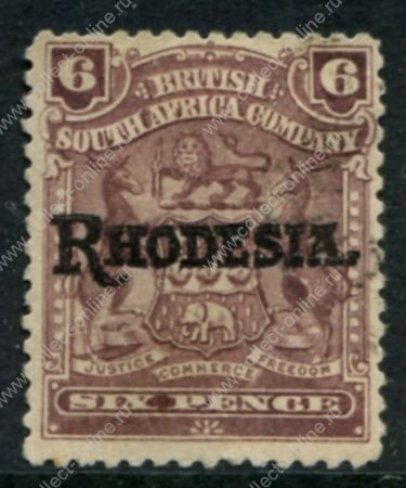 Родезия 1909-1912 гг. • Gb# 106c • 6 d. • герб колонии • надпечатка • "Rhodesia" • серо-лиловая • стандарт • Used VF ( кат.- £ 13 )