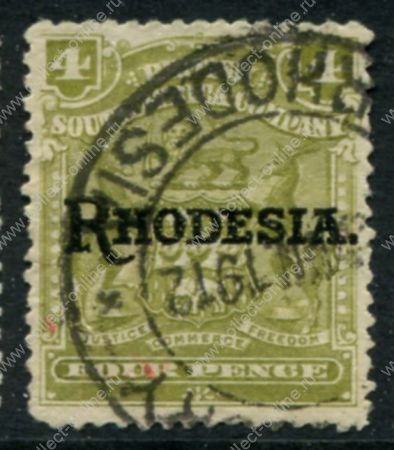 Родезия 1909-1912 гг. • Gb# 105 • 4 d. • герб колонии • надпечатка • "Rhodesia." • стандарт • Used VF ( кат.- £ 5 )