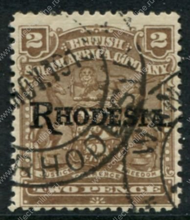 Родезия 1909-1912 гг. • Gb# 102 • 2 d. • герб колонии • надпечатка • "Rhodesia." • стандарт • Used XF ( кат.- £ 11 )