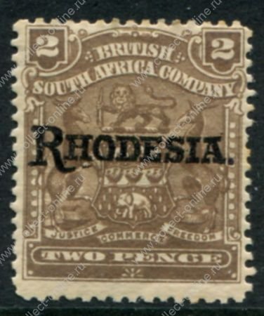 Родезия 1909-1912 гг. • Gb# 102 • 2 d. • герб колонии • надпечатка • "Rhodesia." • стандарт • MH OG XF ( кат.- £ 8 )
