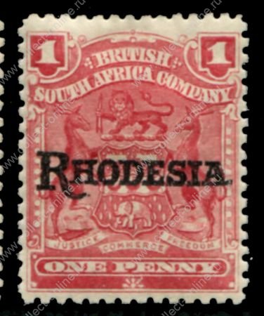 Родезия 1909-1912 гг. • Gb# 101 • 1 d. • герб колонии • надпечатка • "Rhodesia." • стандарт • MH OG XF ( кат.- £ 13 )