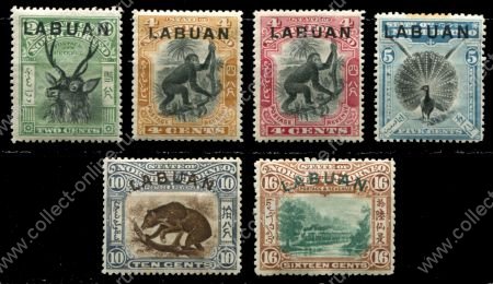 Лабуан 1900-1902 гг. • Gb# 111-6 • 2 - 16 c. • надпечатка на осн. выпуске Сев. Борнео • фауна • полн. серия • MH OG VF+* ( кат. - £140+ )