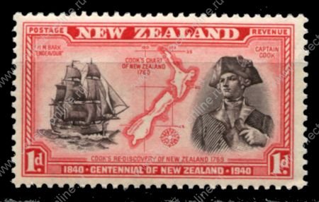 Новая Зеландия 1940 г. • Gb# 614 • 1 d. • 100-летие принятие Британского суверенитета • судно "Эндевор", карта страны, капитан Кук • MNH OG XF ( кат.- £ 3 )