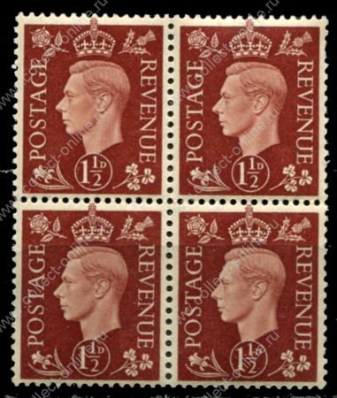 Великобритания 1937-1947 гг. • Gb# 464 • 1½ d. • Георг VI • стандарт • кв.блок • MNH OG XF