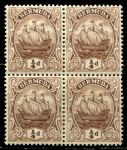 Бермуды 1910-1925 гг. • Gb# 44a • ¼ d. • парусник • стандарт • кв. блок • MNH OG VF ( кат. - £12+ )