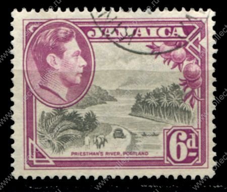 Ямайка 1938-1952 гг. • Gb# 128 • 6 d. • Георг VI • основной выпуск • дорога вдоль реки • стандарт • Used F-VF