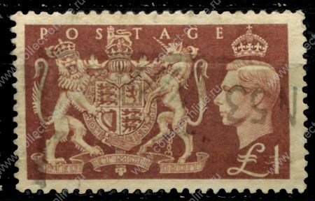 Великобритания 1951 г. • Gb# 512 • £1 • Георг VI • основной выпуск • герб королевства • Used VF ( кат.- £18 )