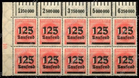 Германия 1923 г. • Mi# 291 • 125 тыс. на 1000 марок • надпечатка нов. номинала • стандарт • блок 10 марок • MNH OG XF+ ( кат.- € 8+ )